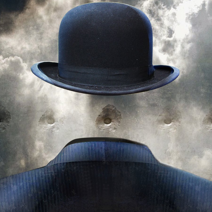 A surreal photomontage: a man in a dark pinstriped suit seen from behind against a cloudy sky, with a bowler hat floating in the air where his head would be.